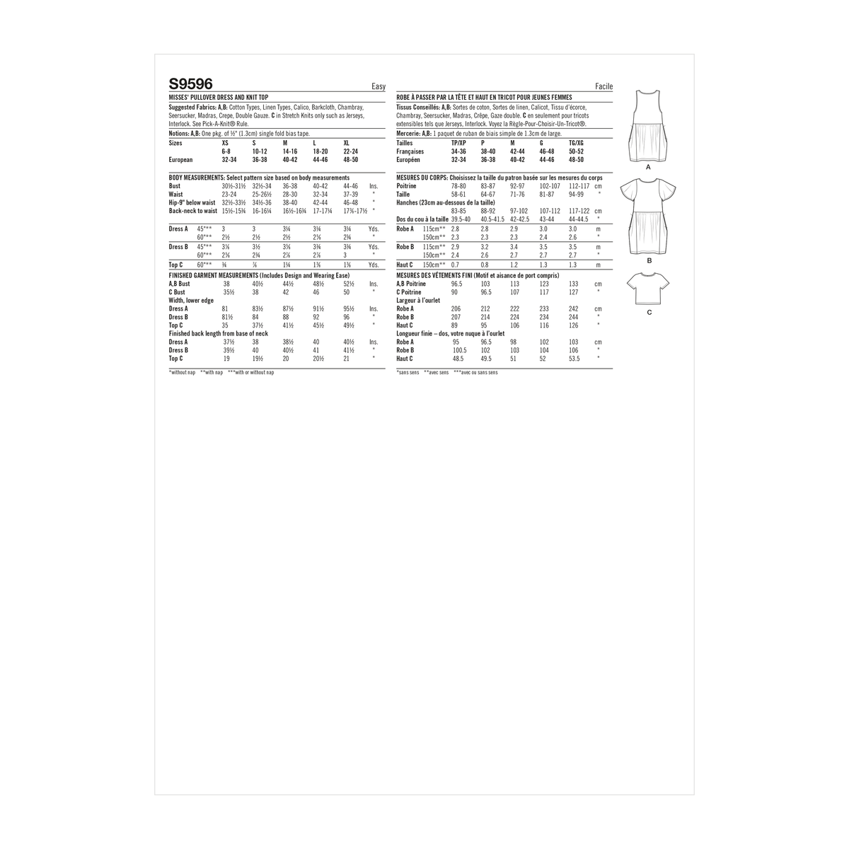 Simplicity S9596 sewing pattern envelope showing a dress