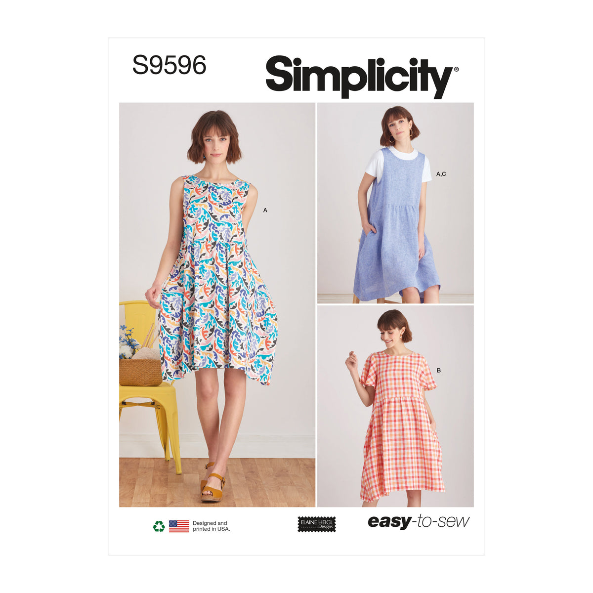 Simplicity S9596 sewing pattern envelope showing a dress