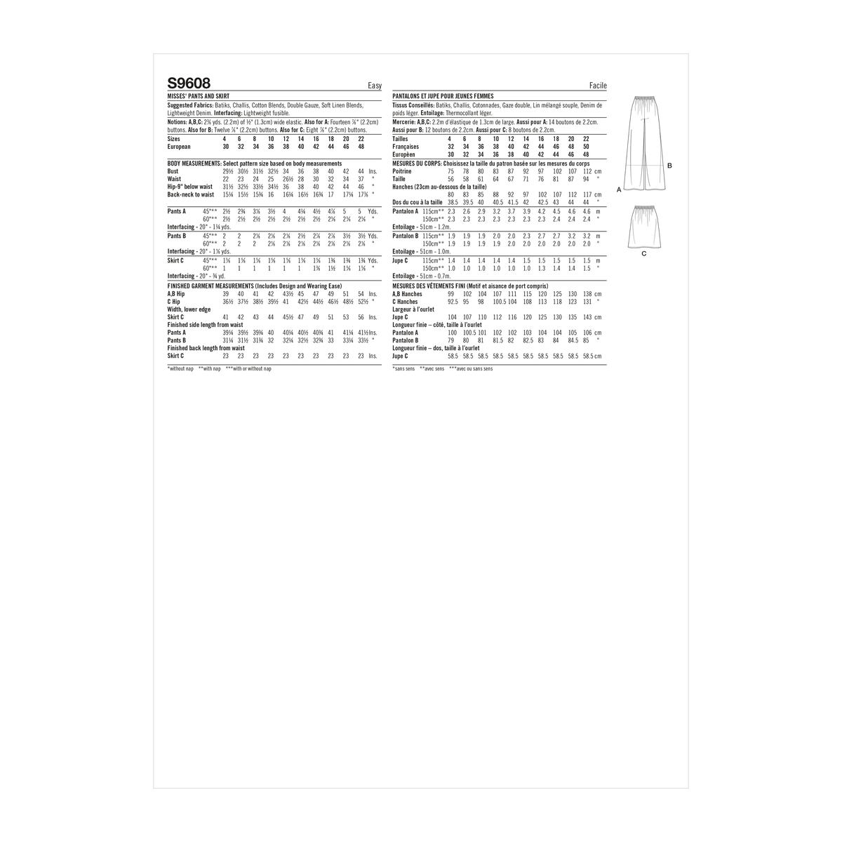 Simplicity S9608 sewing pattern envelope showing skirts or trousers
