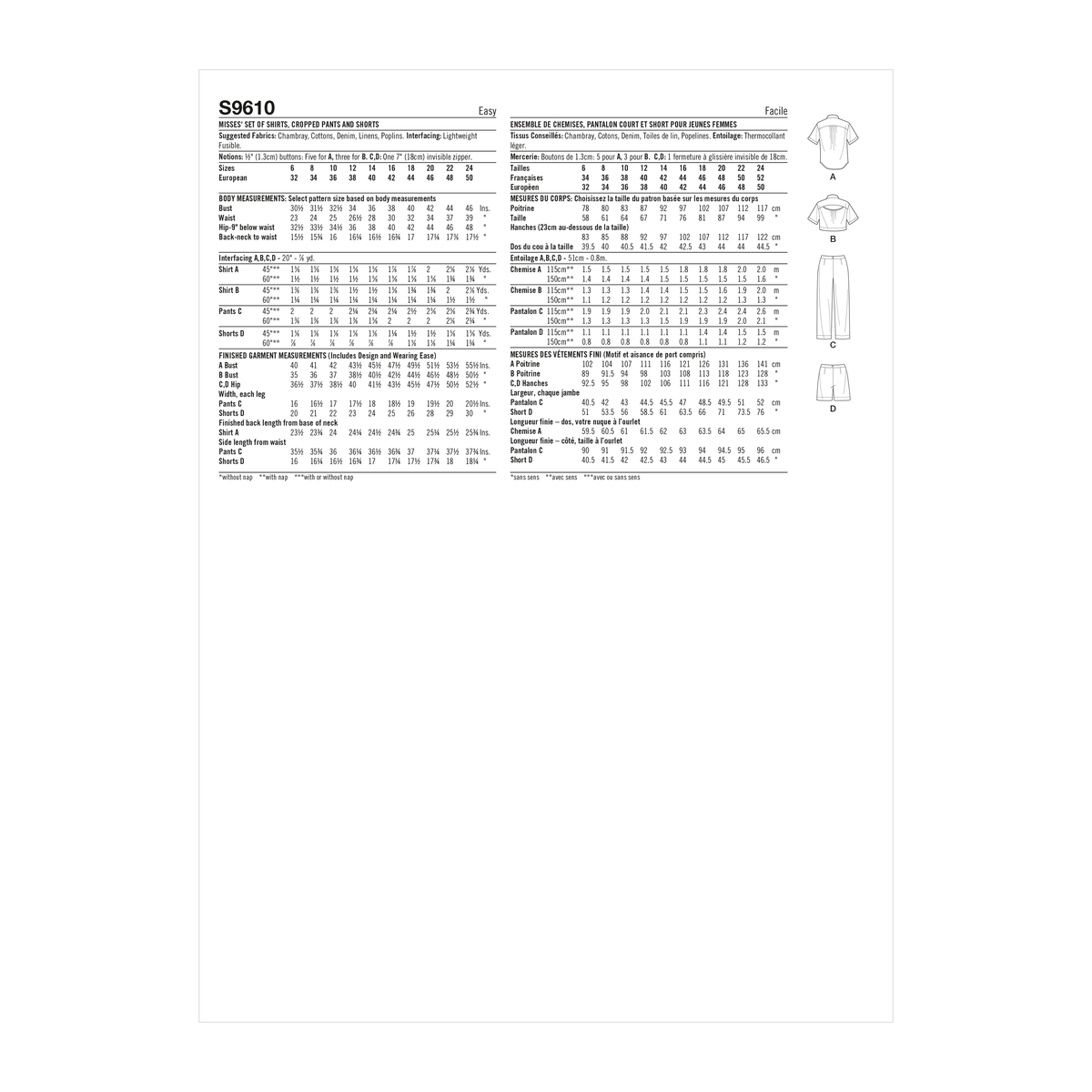 Simplicity S9610 sewing pattern envelope showing casual wear