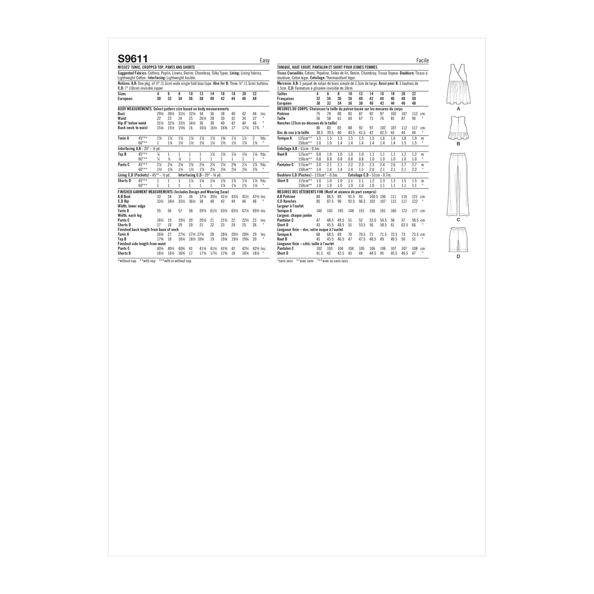 Simplicity S9611 sewing pattern envelope showing tunic and cropped top designs