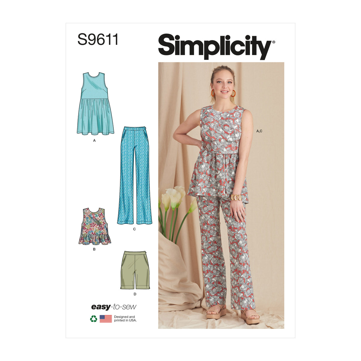 Simplicity S9611 sewing pattern envelope showing tunic and cropped top designs