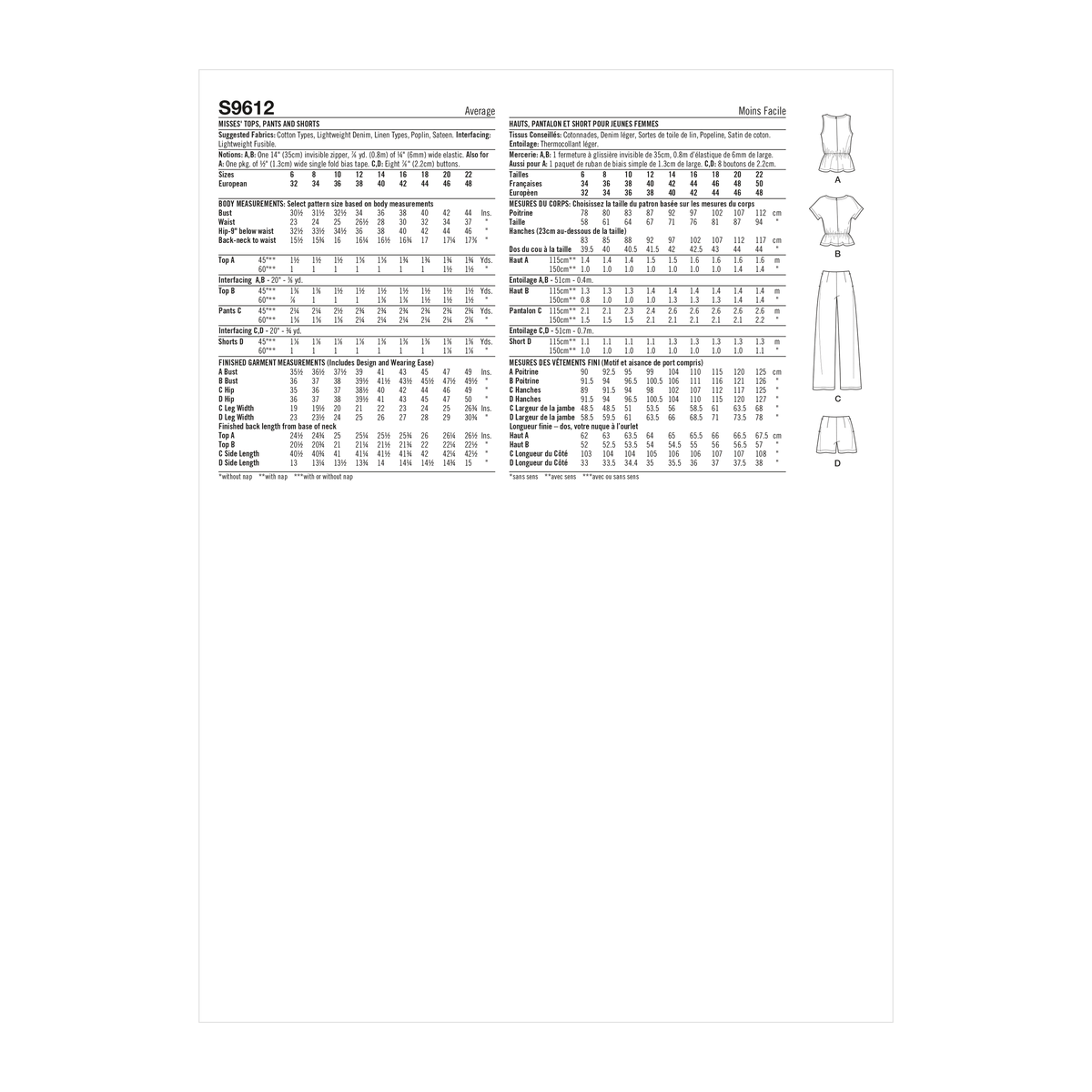 Simplicity S9612 sewing pattern envelope showing casual wear designs