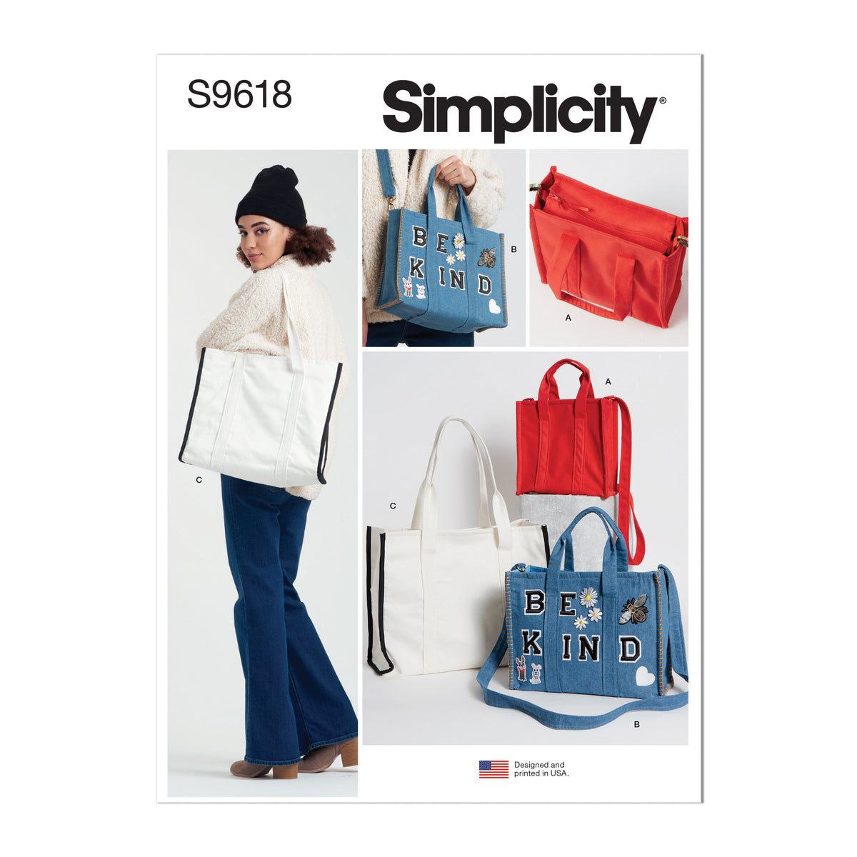Simplicity S9618 sewing pattern envelope showing bags and accessories designs