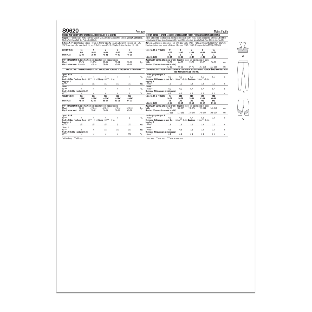Simplicity S9620 sewing pattern envelope showing leggings and bike shorts designs