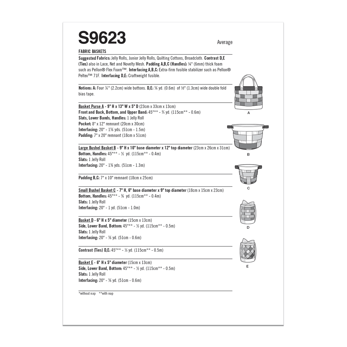 Simplicity S9623 sewing pattern envelope showing fabric baskets designs