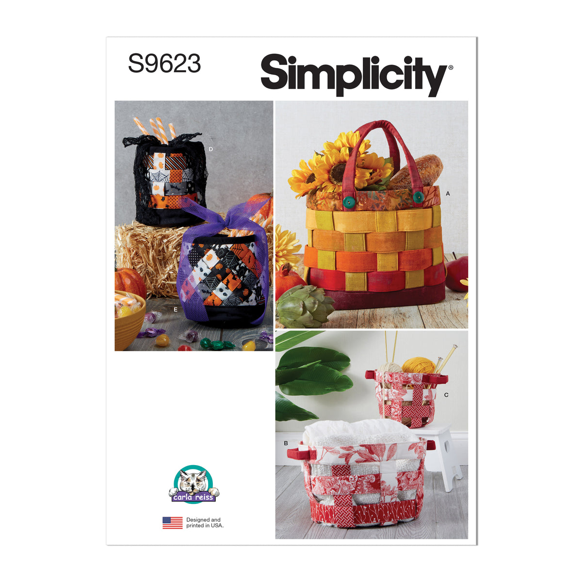 Simplicity S9623 sewing pattern envelope showing fabric baskets designs