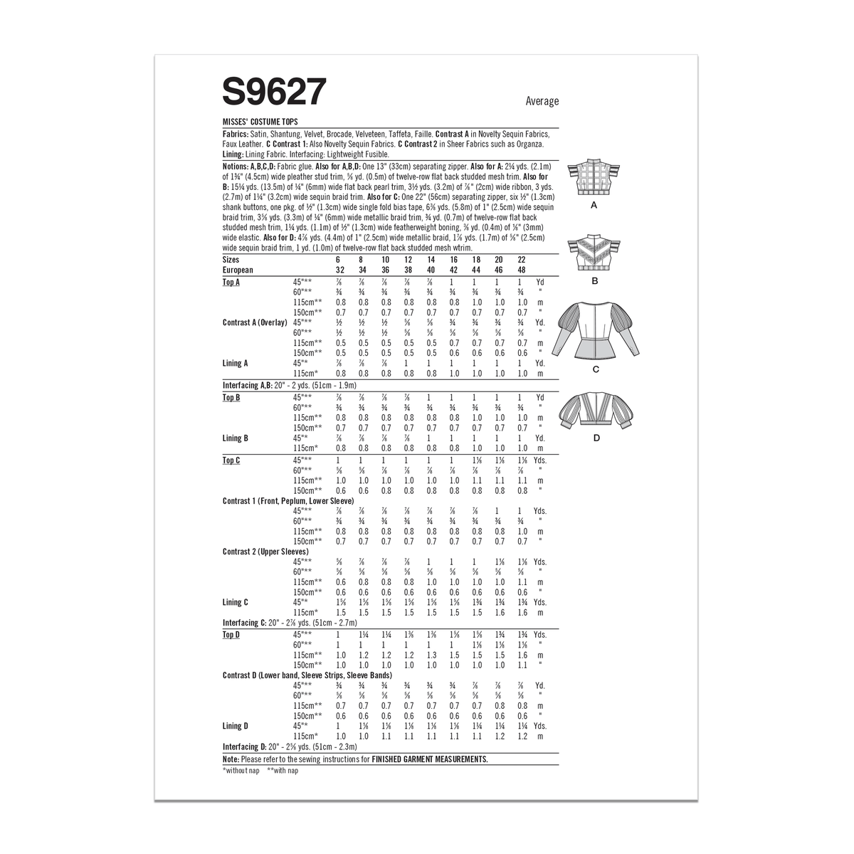 Simplicity S9627 sewing pattern envelope showing costume designs