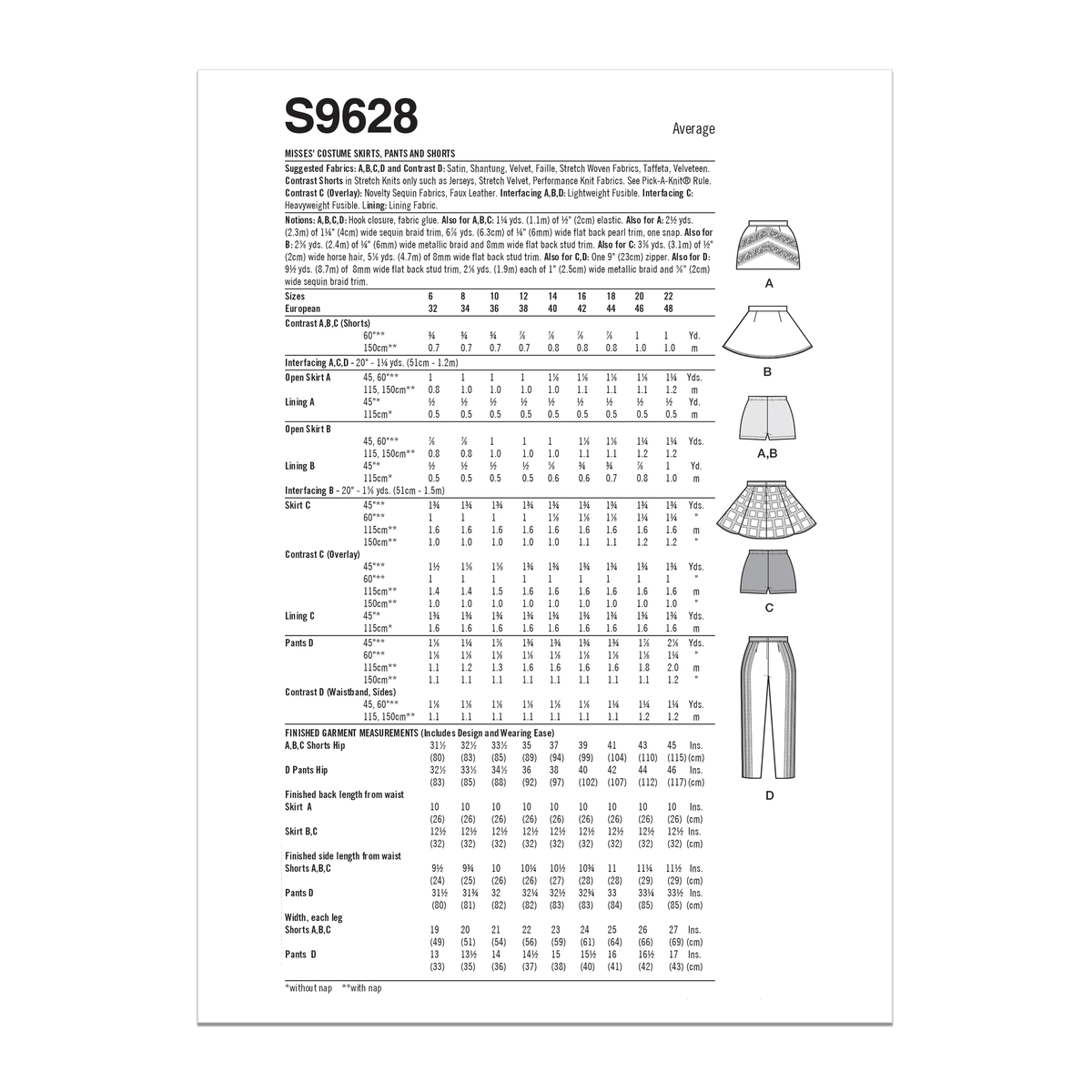 Simplicity S9628 sewing pattern envelope showing costume designs