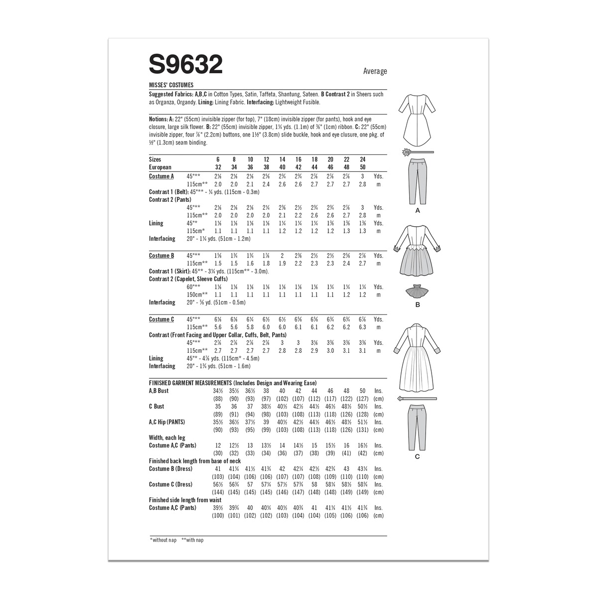 Simplicity S9632 sewing pattern envelope showing costume designs