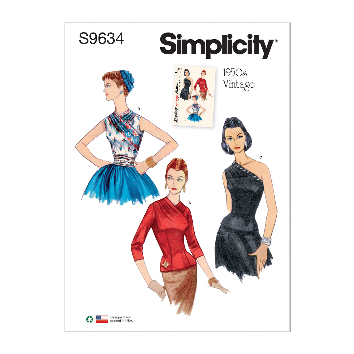 Simplicity S9634 sewing pattern envelope showing top designs
