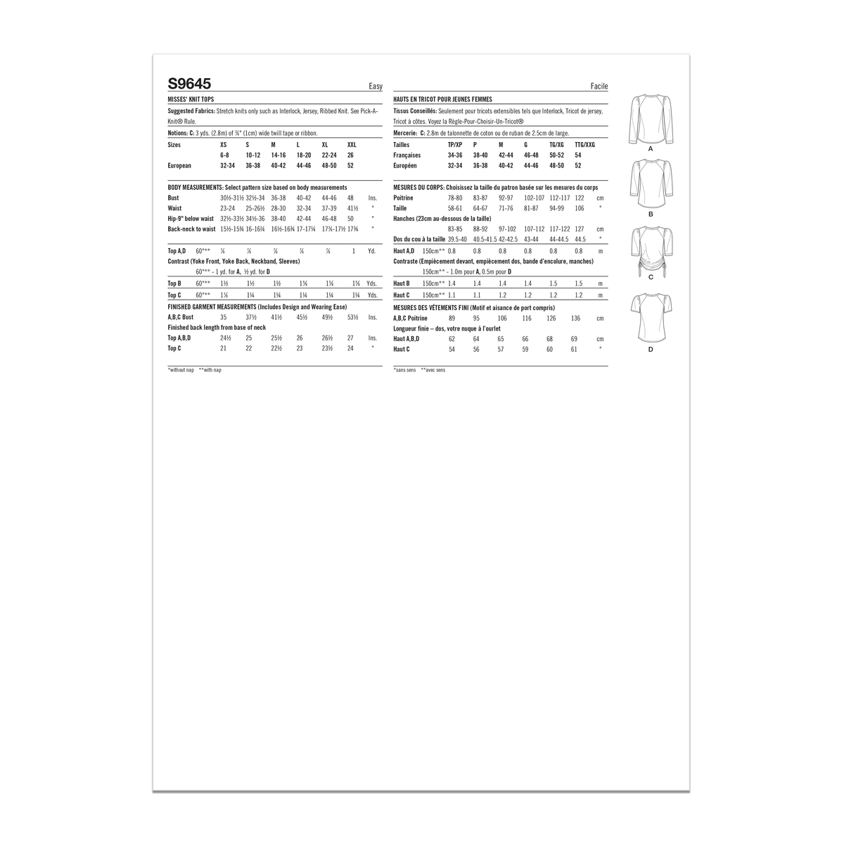 Simplicity S9645 sewing pattern envelope showing top designs