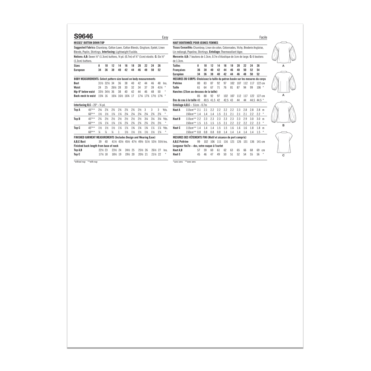 Simplicity S9646 sewing pattern envelope showing top designs