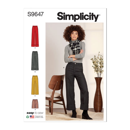 Simplicity sewing pattern S9647 envelope showing misses' skirts and trousers