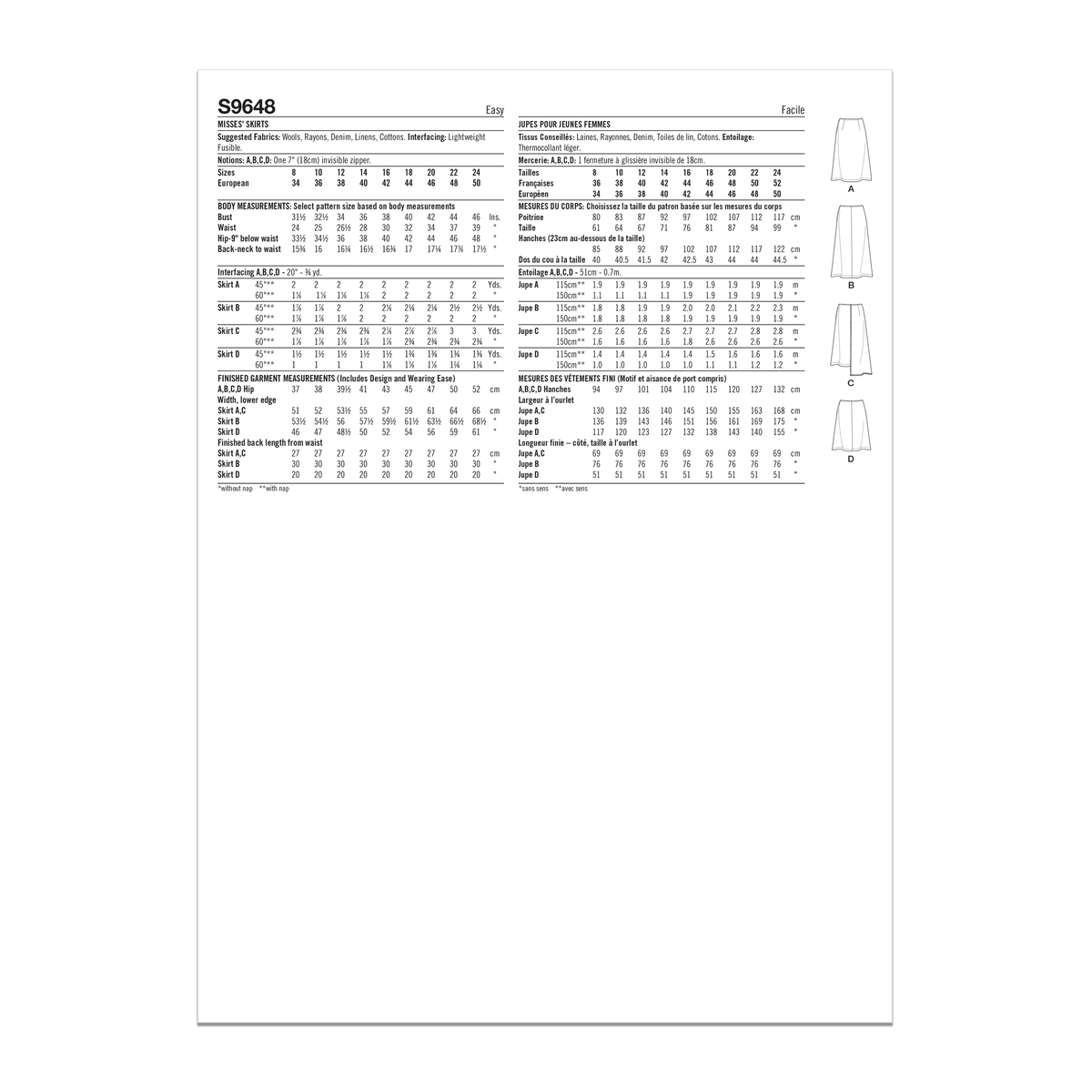 Simplicity sewing pattern S9648 envelope showing misses' skirts and trousers