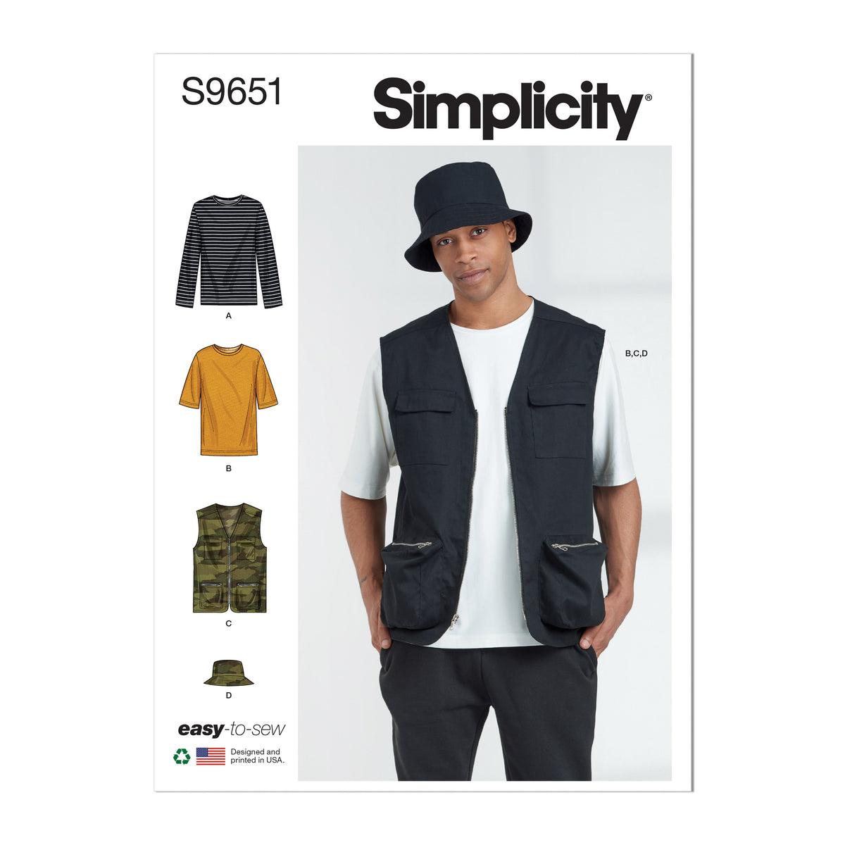 Simplicity sewing pattern S9651 envelope showing men's and boys' tops and vests