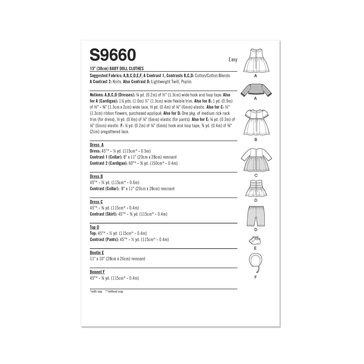 Simplicity sewing pattern S9660 envelope showing baby doll clothes