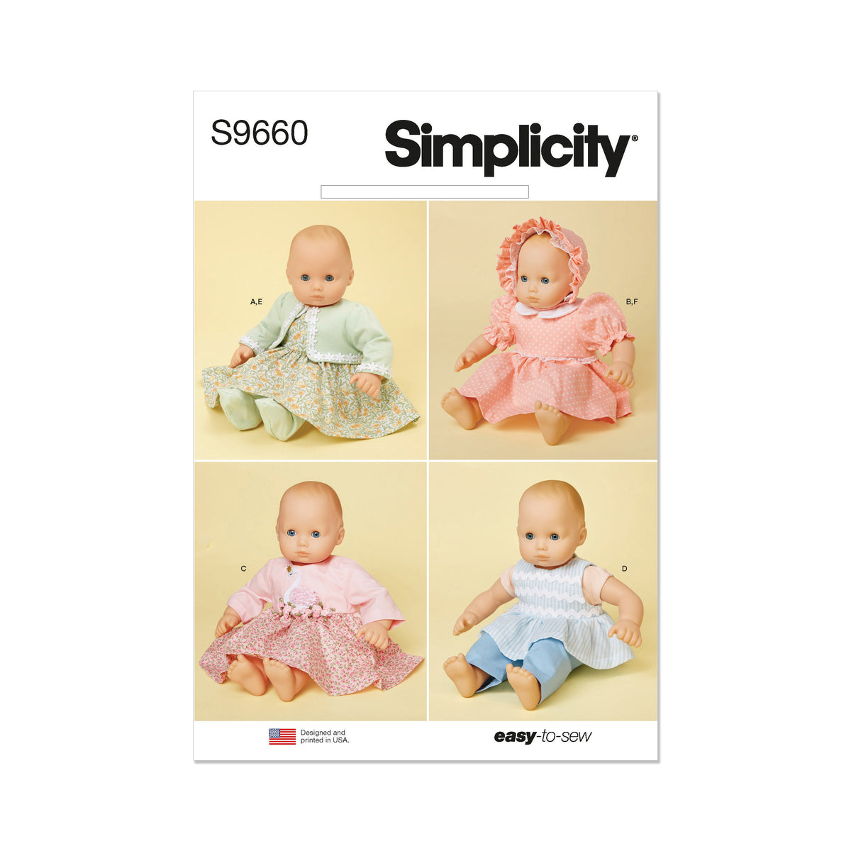 Simplicity sewing pattern S9660 envelope showing baby doll clothes