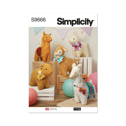 Simplicity sewing pattern S9666 envelope showing plush animal toys