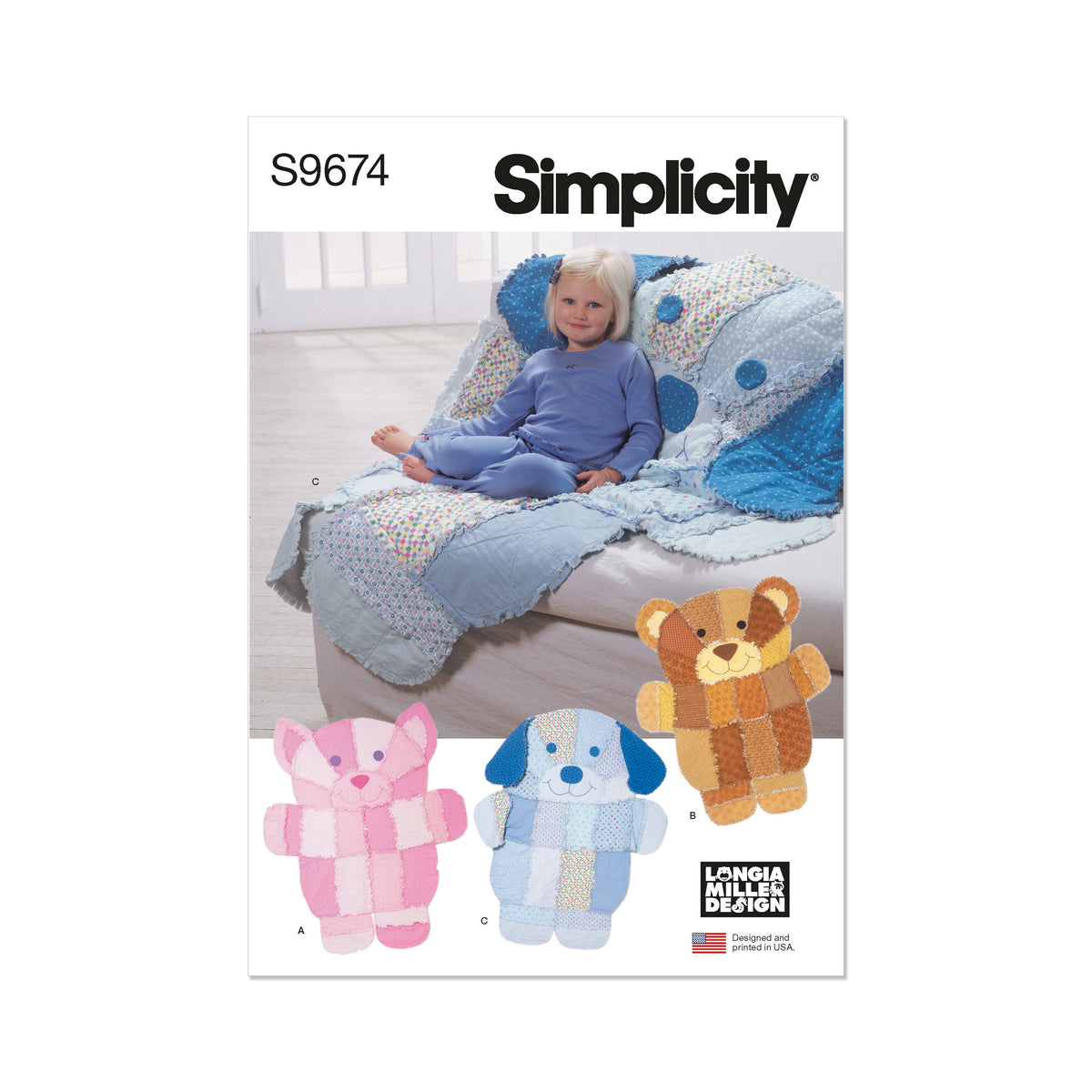 Simplicity sewing pattern S9674 envelope showing animal face quilts
