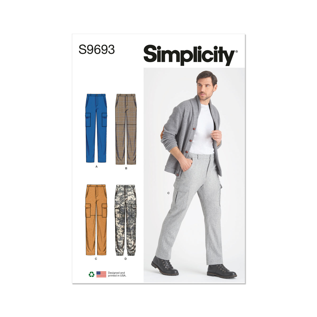 Simplicity sewing pattern S9693 envelope showing men's and boys' trousers