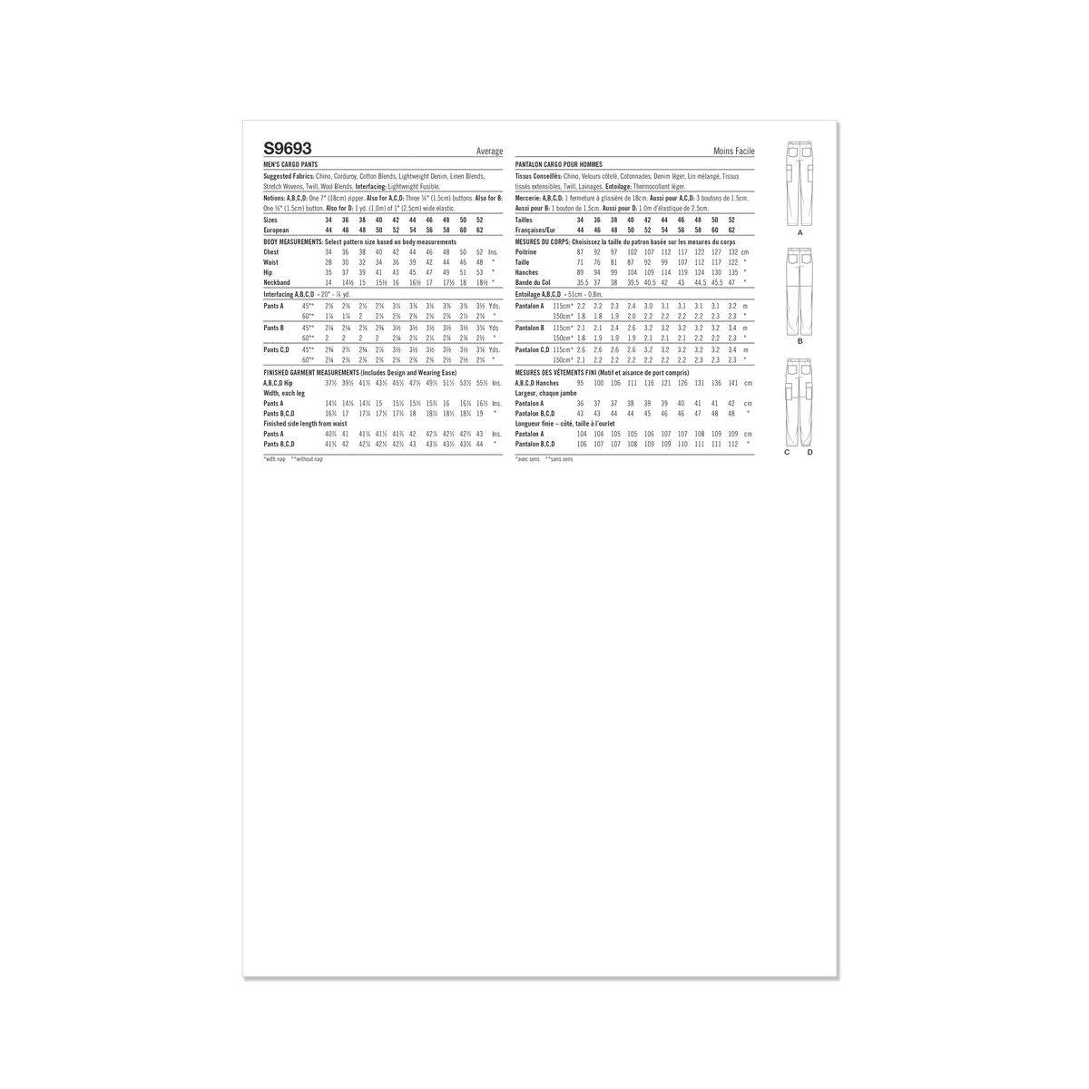 Simplicity sewing pattern S9693 envelope showing men's and boys' trousers