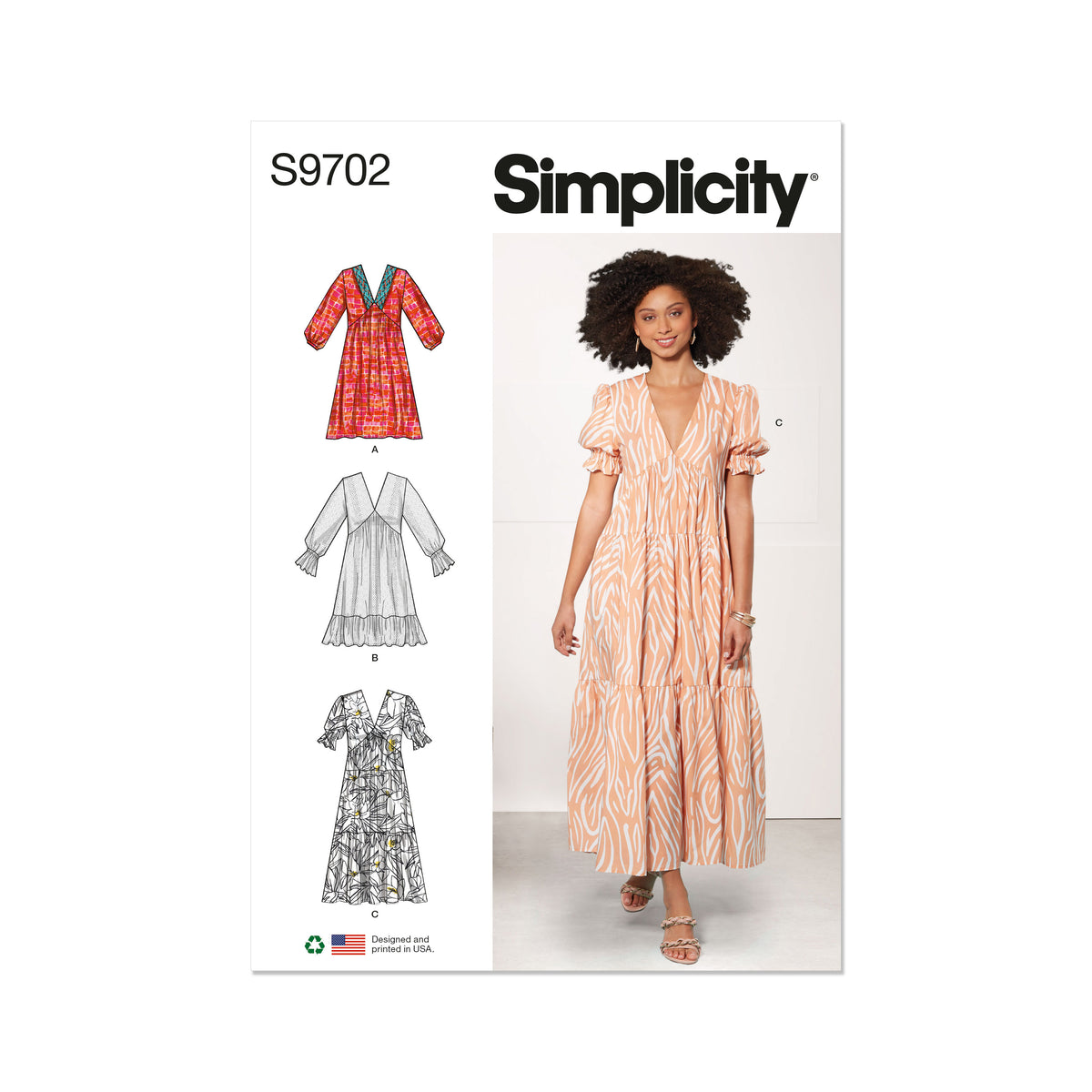 Simplicity S9702 sewing pattern envelope showing dress with side pockets