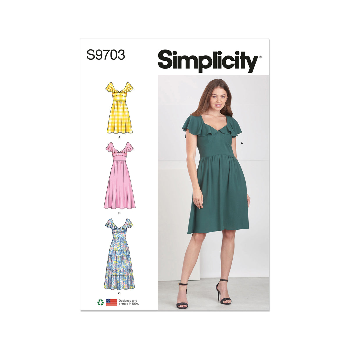 Simplicity S9703 sewing pattern envelope showing V-neck flounce dress