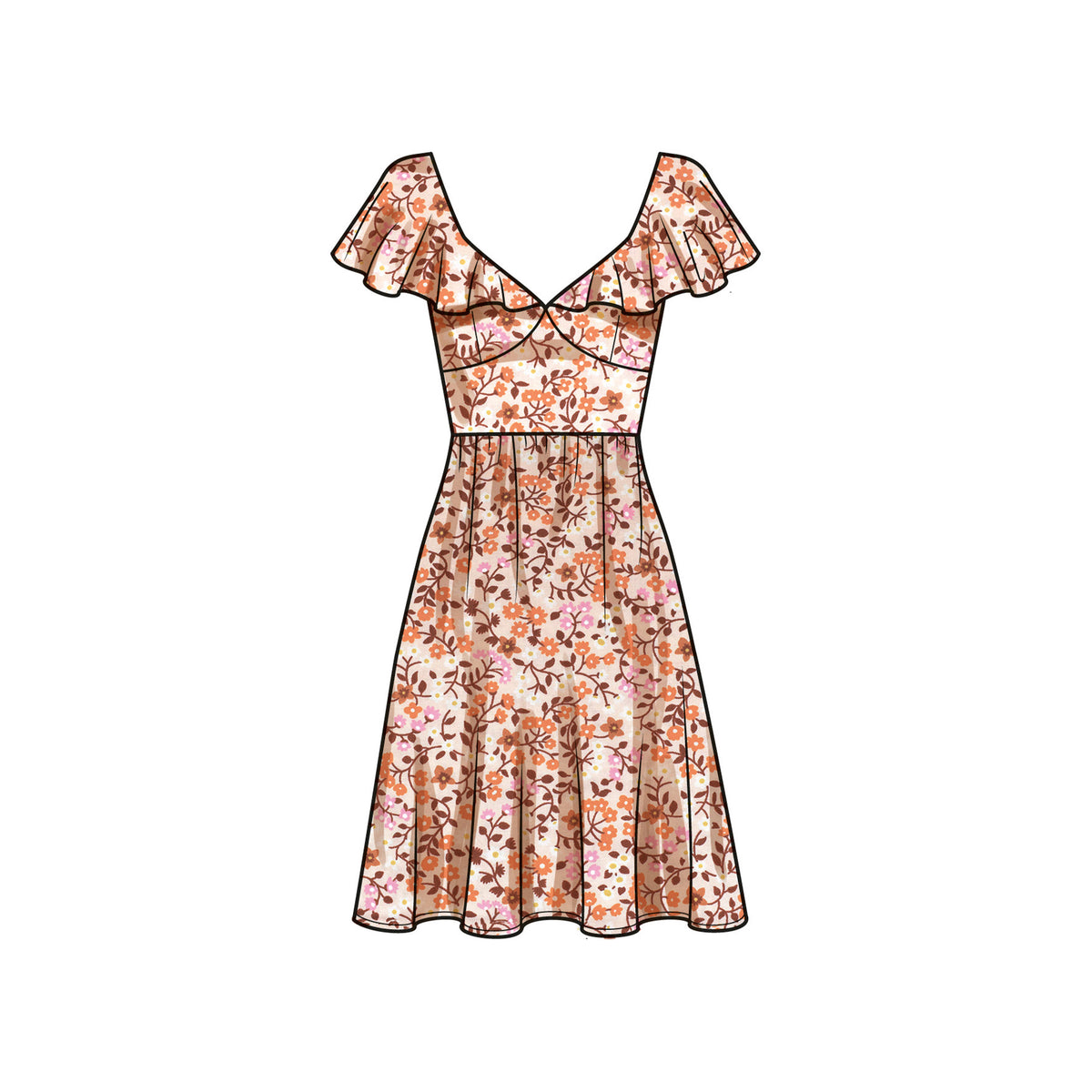 Simplicity S9704 sewing pattern envelope showing V-neck flounce dress