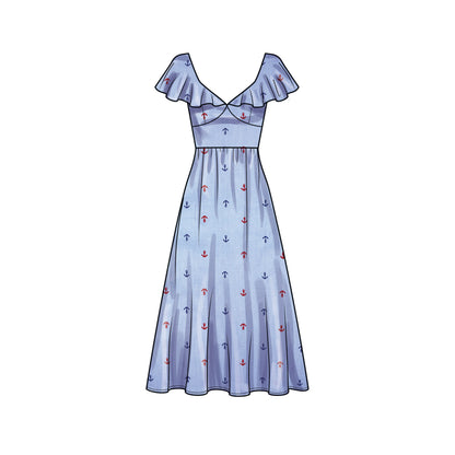 Simplicity S9704 sewing pattern envelope showing V-neck flounce dress