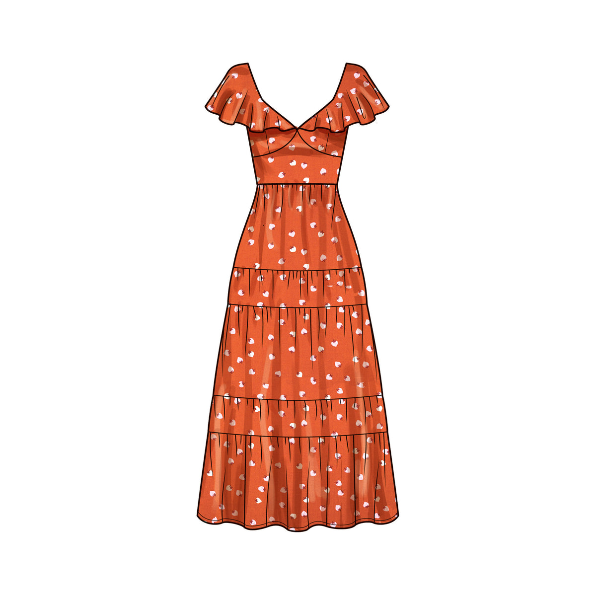 Simplicity S9704 sewing pattern envelope showing V-neck flounce dress