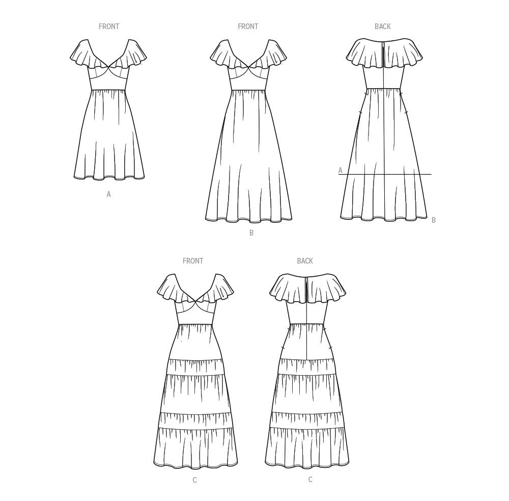 Simplicity S9704 sewing pattern envelope showing V-neck flounce dress