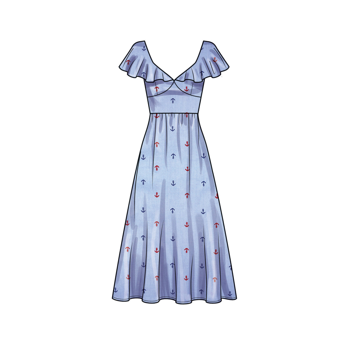 Simplicity S9704 sewing pattern envelope showing V-neck flounce dress
