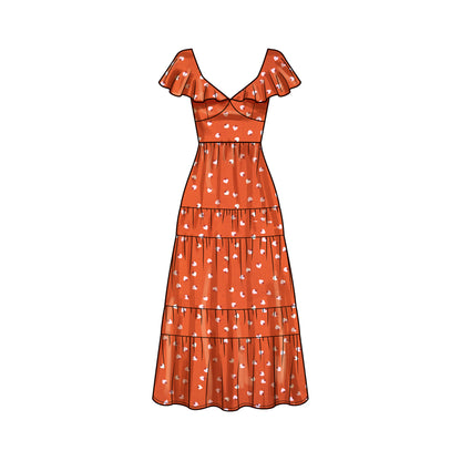 Simplicity S9704 sewing pattern envelope showing V-neck flounce dress