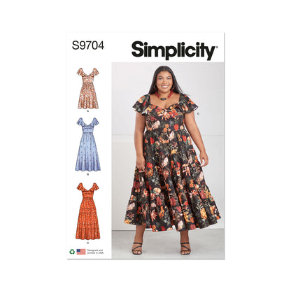 Simplicity S9704 sewing pattern envelope showing V-neck flounce dress