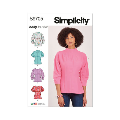 Simplicity S9705 sewing pattern envelope showing tops with an invisible back zip