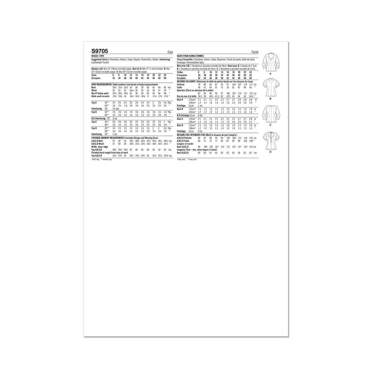 Simplicity S9705 sewing pattern envelope showing tops with an invisible back zip