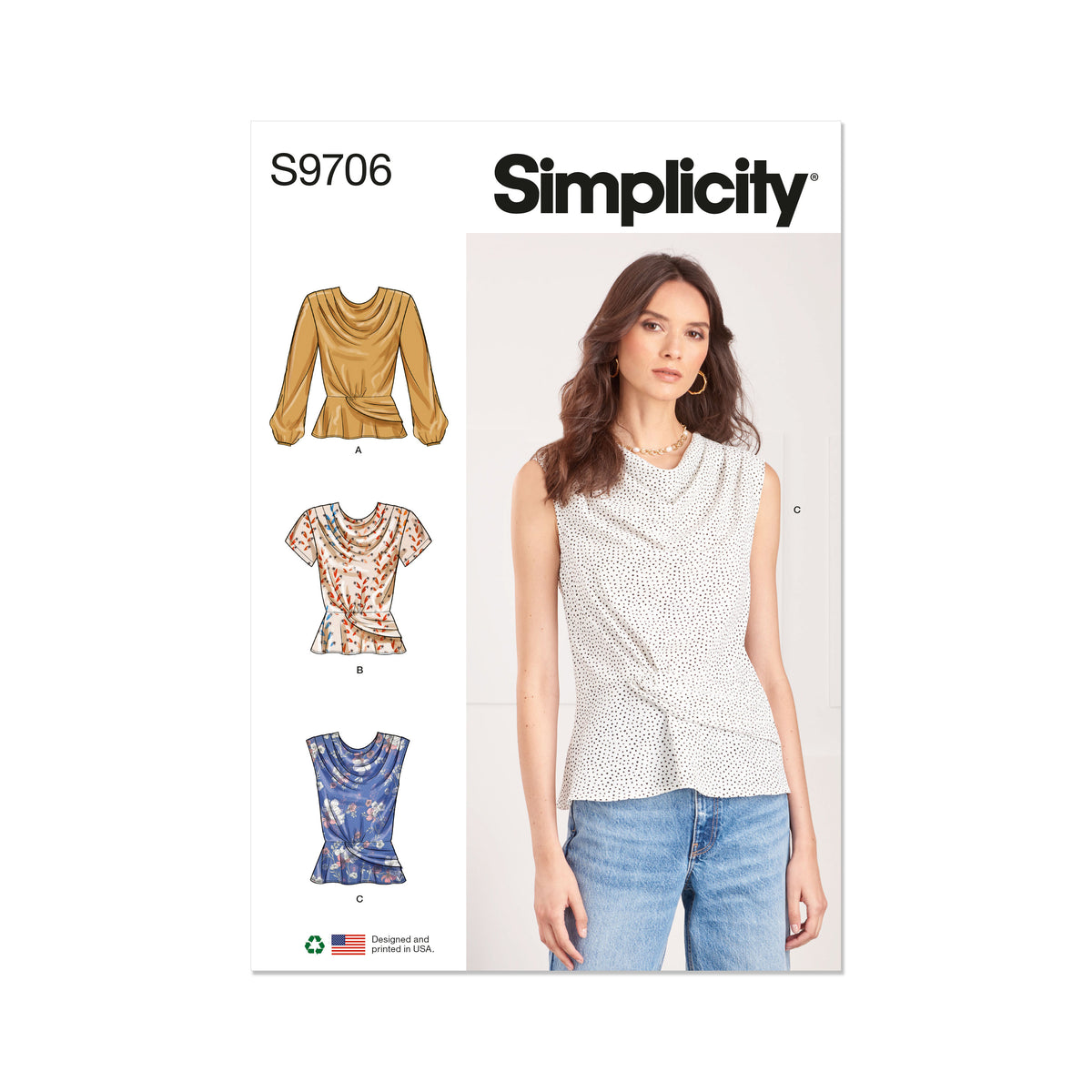 Simplicity S9706 sewing pattern envelope showing knot front tops
