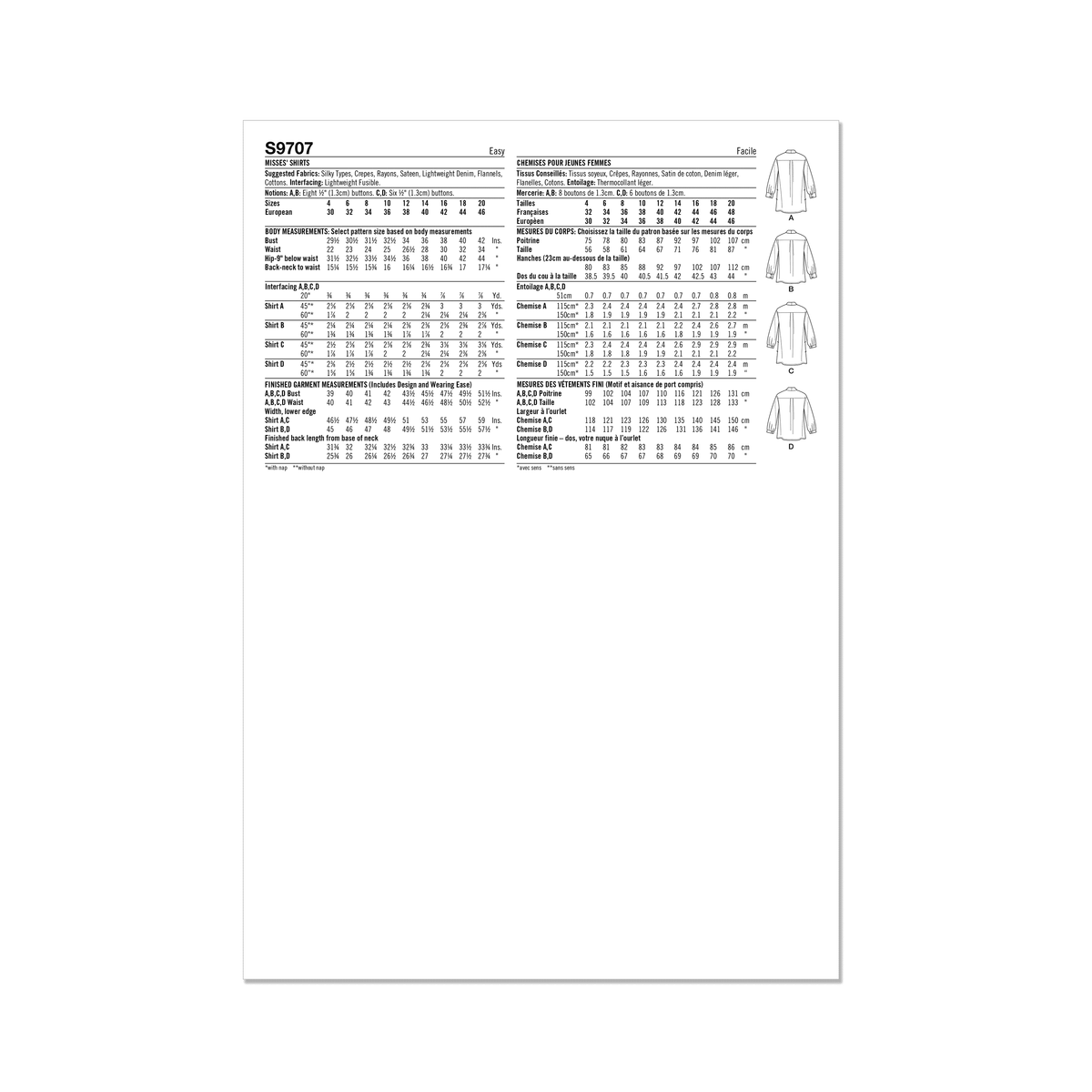 Simplicity S9707 sewing pattern envelope showing collared tops with buttoned cuffs