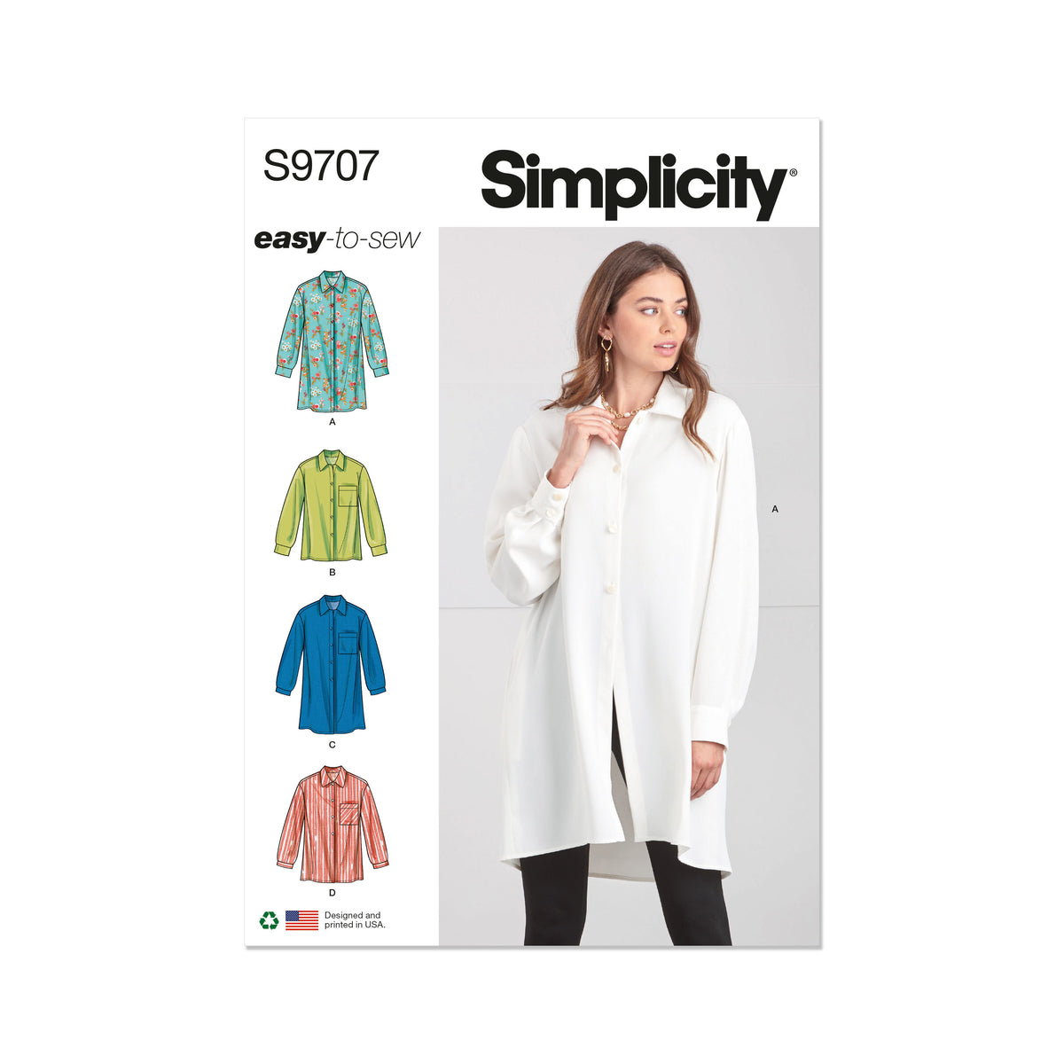 Simplicity S9707 sewing pattern envelope showing collared tops with buttoned cuffs