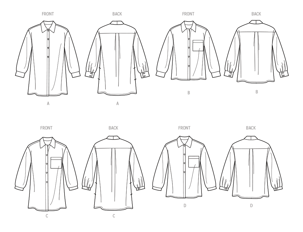 Simplicity S9708 sewing pattern envelope showing collared tops with buttoned cuffs