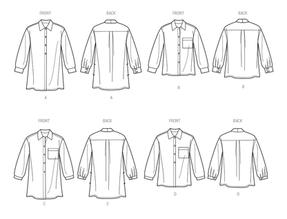 Simplicity S9708 sewing pattern envelope showing collared tops with buttoned cuffs