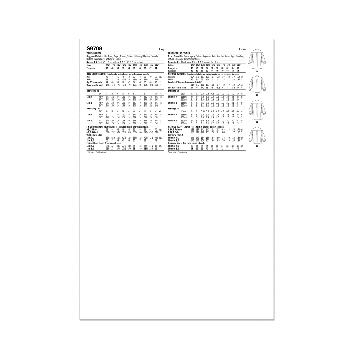 Simplicity S9708 sewing pattern envelope showing collared tops with buttoned cuffs