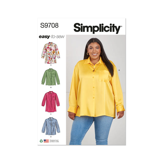 Simplicity S9708 sewing pattern envelope showing collared tops with buttoned cuffs