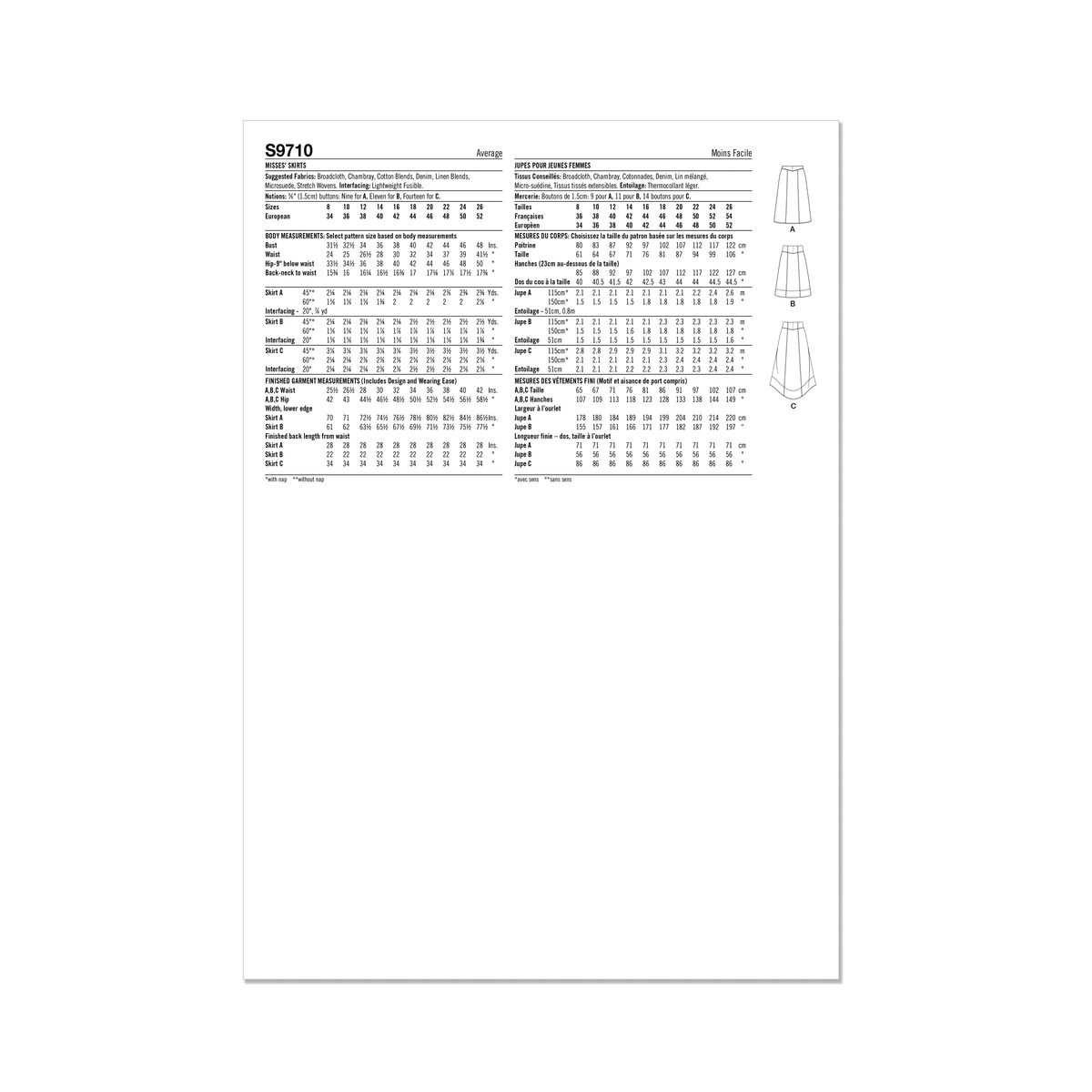 Simplicity S9710 sewing pattern envelope showing yoked skirts and trousers