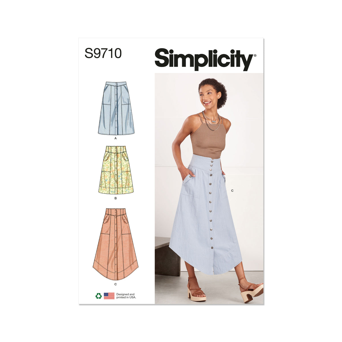 Simplicity S9710 sewing pattern envelope showing yoked skirts and trousers