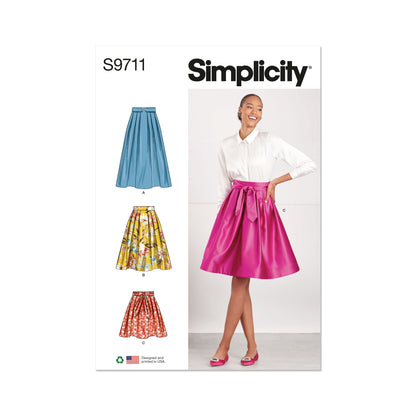 Simplicity S9711 sewing pattern envelope showing skirts and trousers with a contoured waistband