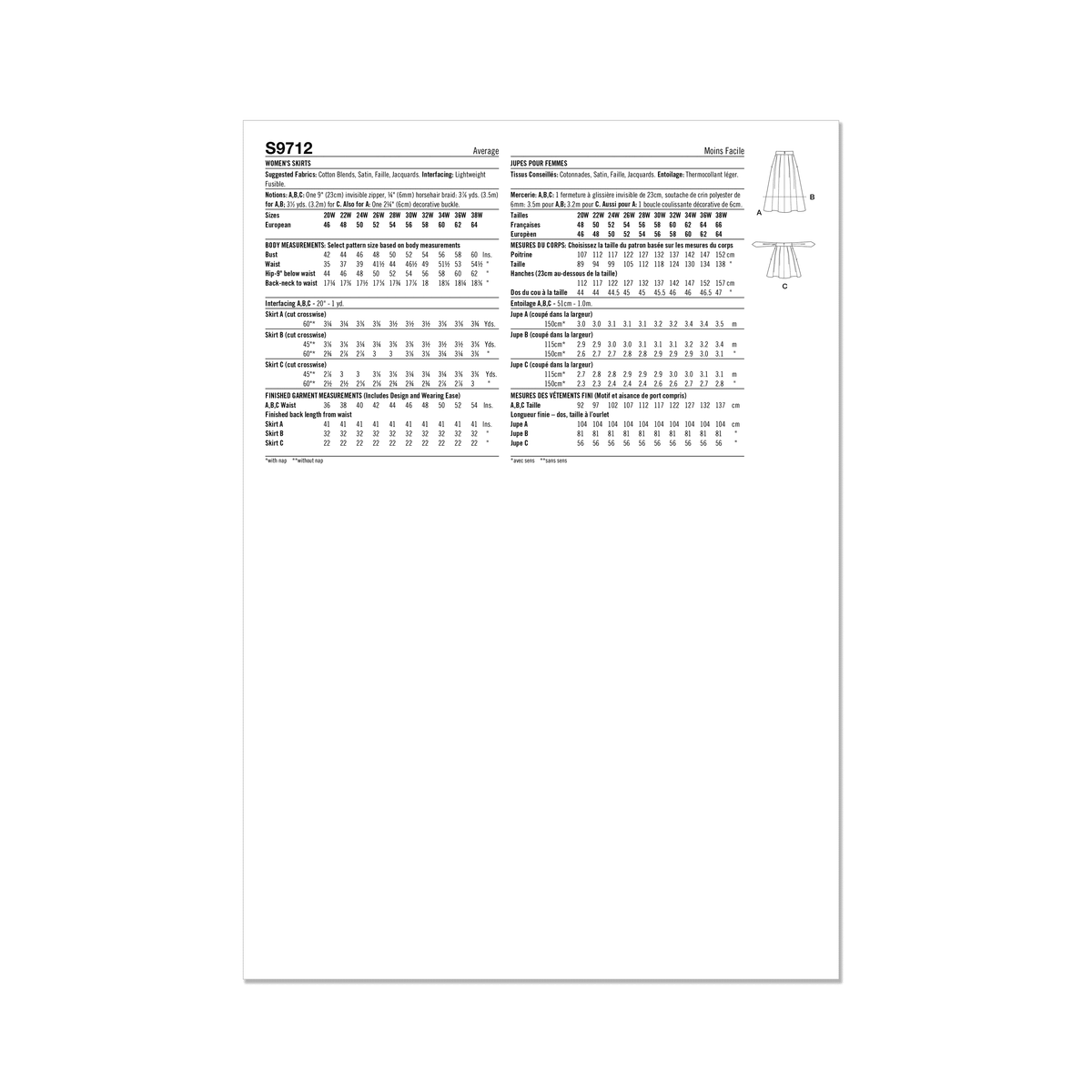 Simplicity S9712 sewing pattern envelope showing skirts and trousers with a contoured waistband