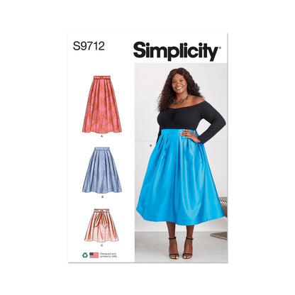 Simplicity S9712 sewing pattern envelope showing skirts and trousers with a contoured waistband