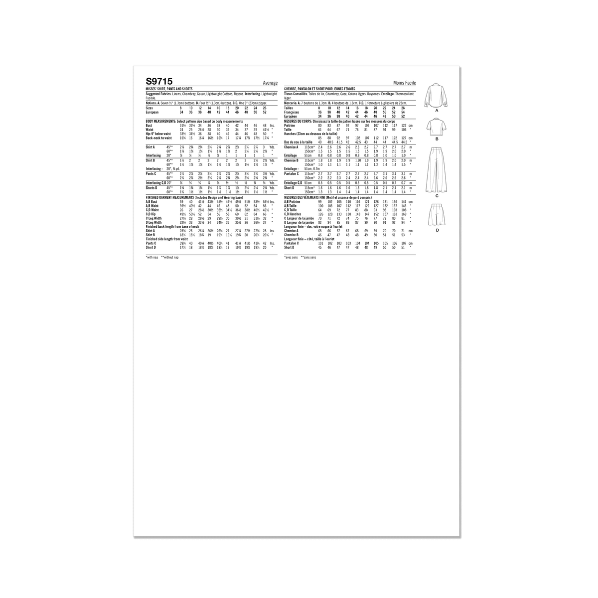 Simplicity S9715 sewing pattern envelope showing casual wear with a fly front